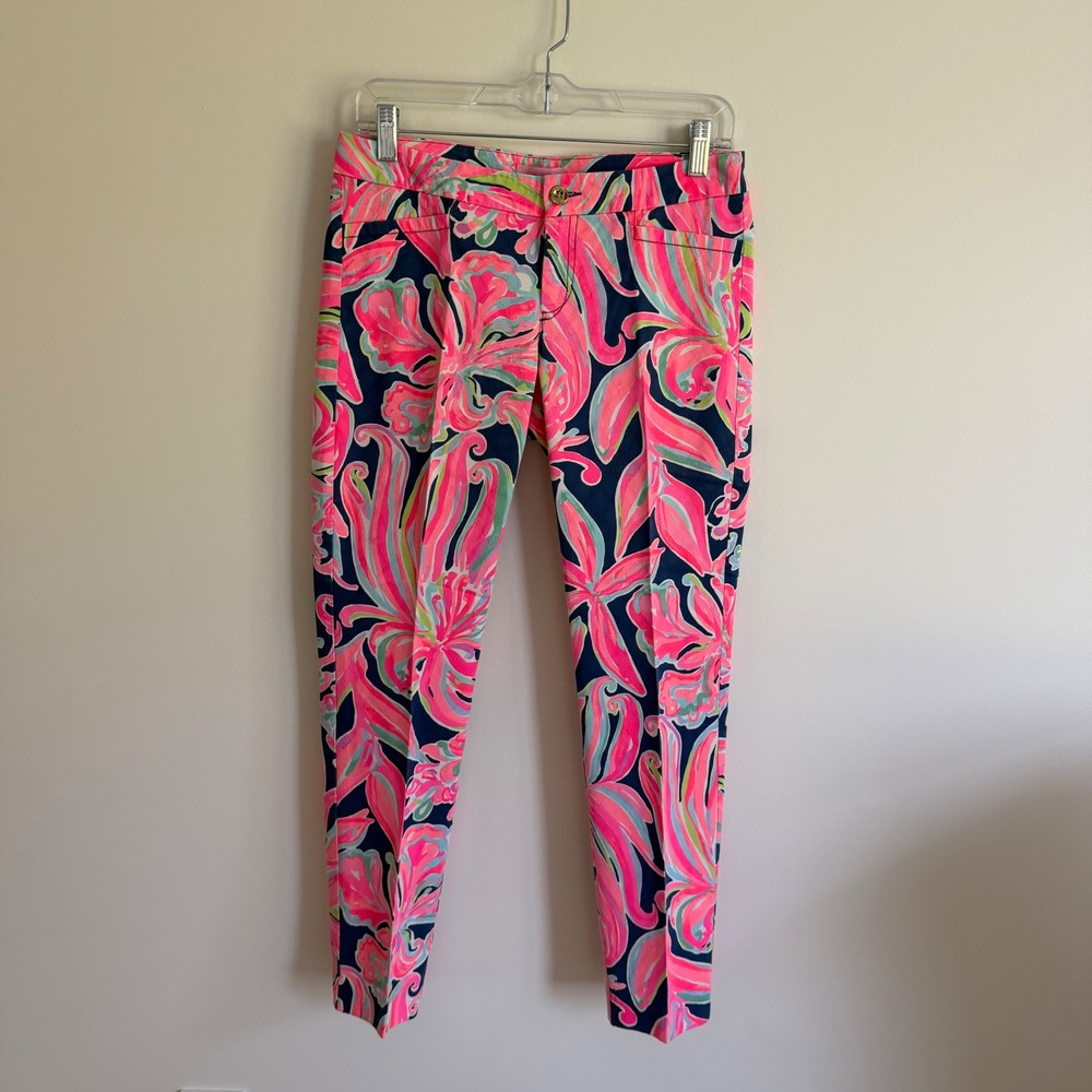 Lilly Pulitzer Kelly Ankle Pants Pink Navy Blue Floral Tropical Stretch Size 4